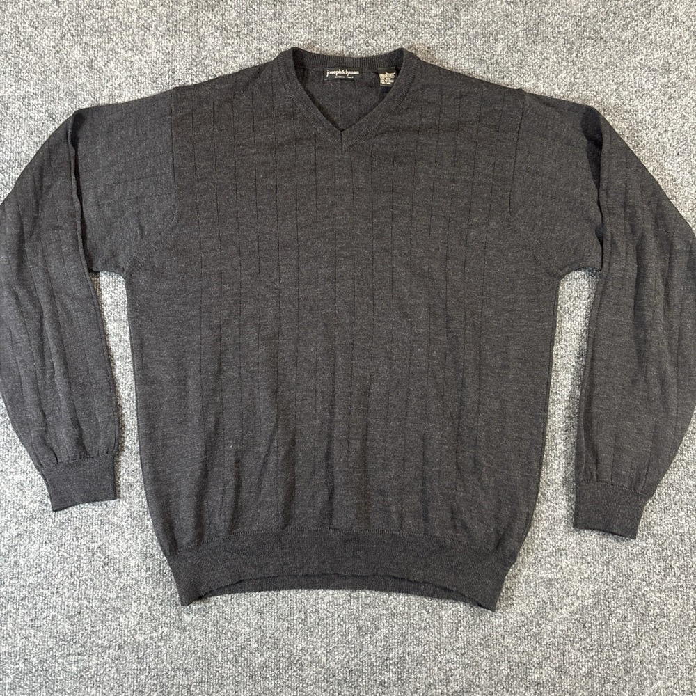 Joseph & Lyman Mens L Gray Italian Merino Wool V Neck Sweater Knit Academia